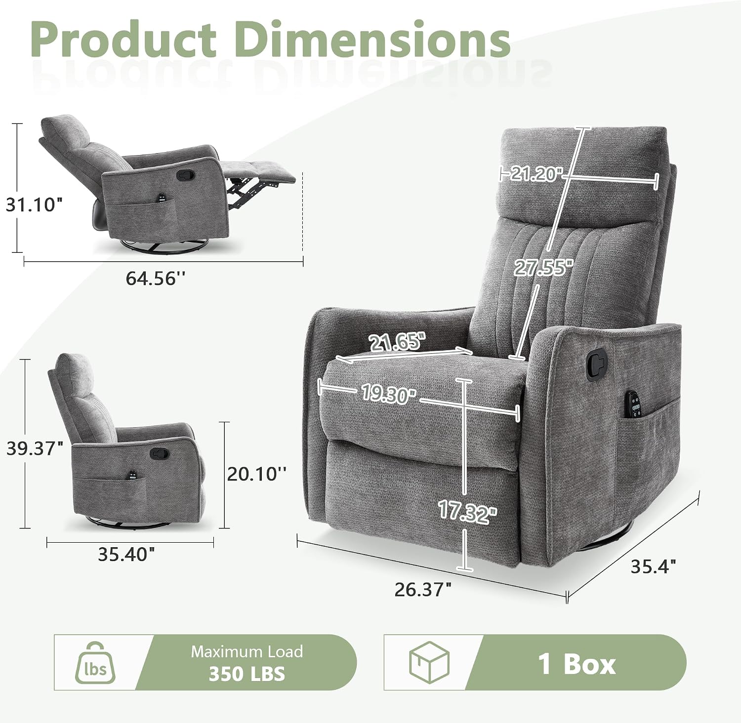 cinkehome Heated Massage Swivel Rocker Recliner Chair for Nursery - Small Space Reclining Chair with Lumbar Support, 360° Swivel & Gentle Rocking, Ergonomic High Back Chenille Fabric Gray
