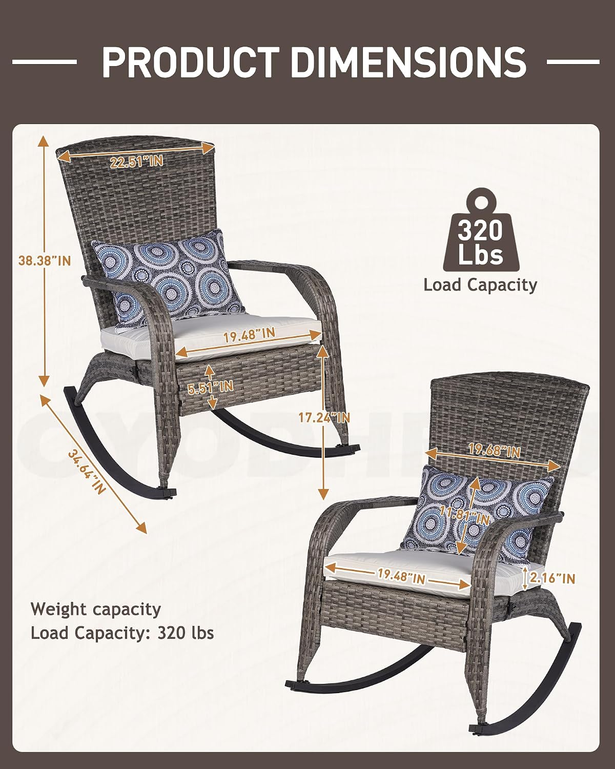 Outdoor Rocking Chair, Patio Rattan Rocker Chair with Cushions & Steel Frame, All Weather Porch Rocking Chair for Garden, Porch, Backyard, Poolside (Grey Rattan & Beige Cushion, 320lbs)