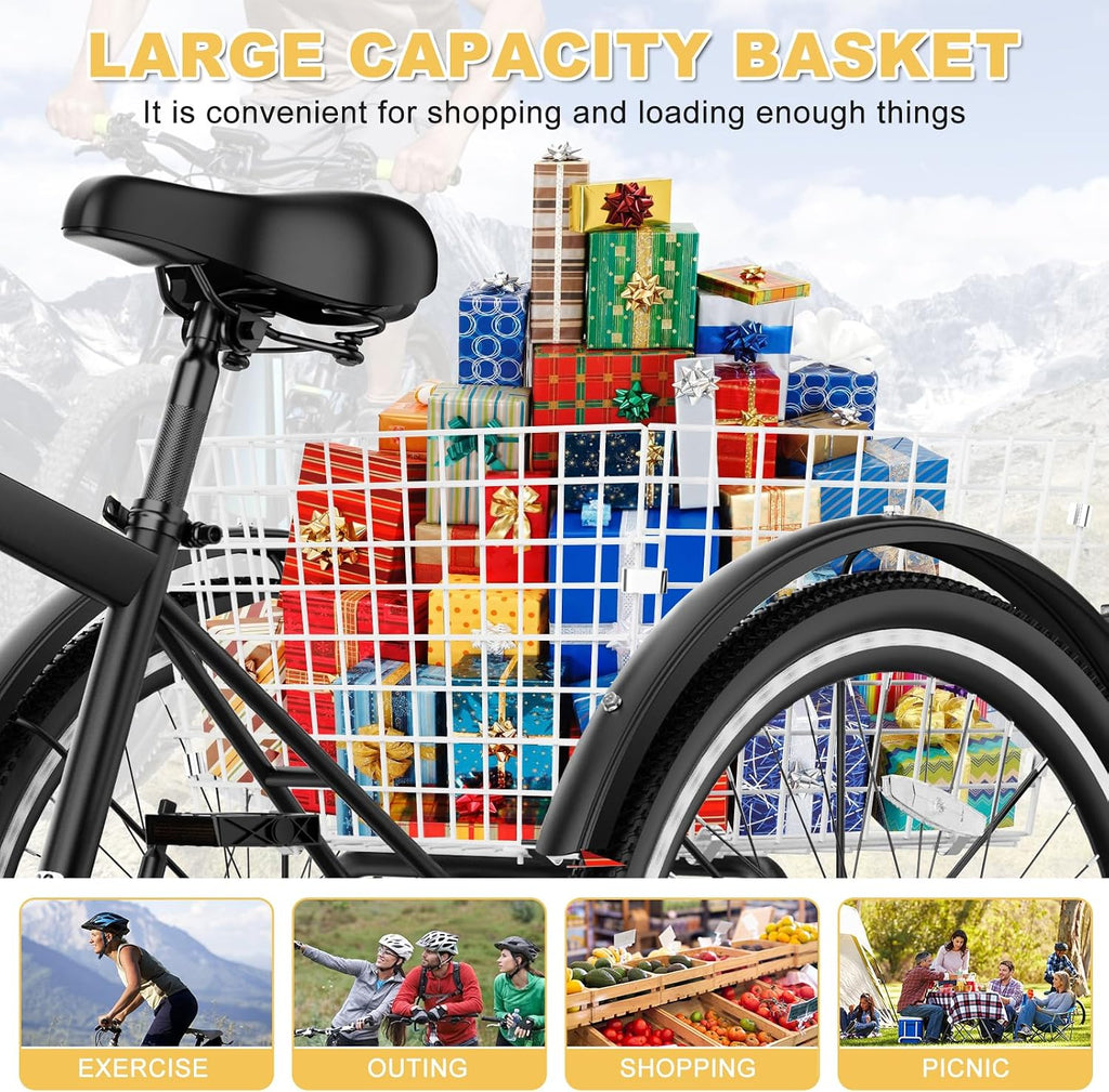 NAIZEA Adult Mountain Tricycle, 7 Speed Three Wheel Cruiser Bike, 27.5 Inch Adults Trikes with Shopping Basket, Exercise Men's Women's Tricycles, Multiple Colors