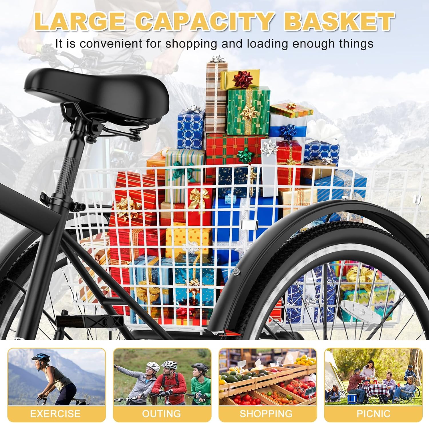 NAIZEA Adult Mountain Tricycle, 7 Speed Three Wheel Cruiser Bike, 27.5 Inch Adults Trikes with Shopping Basket, Exercise Men's Women's Tricycles, Multiple Colors