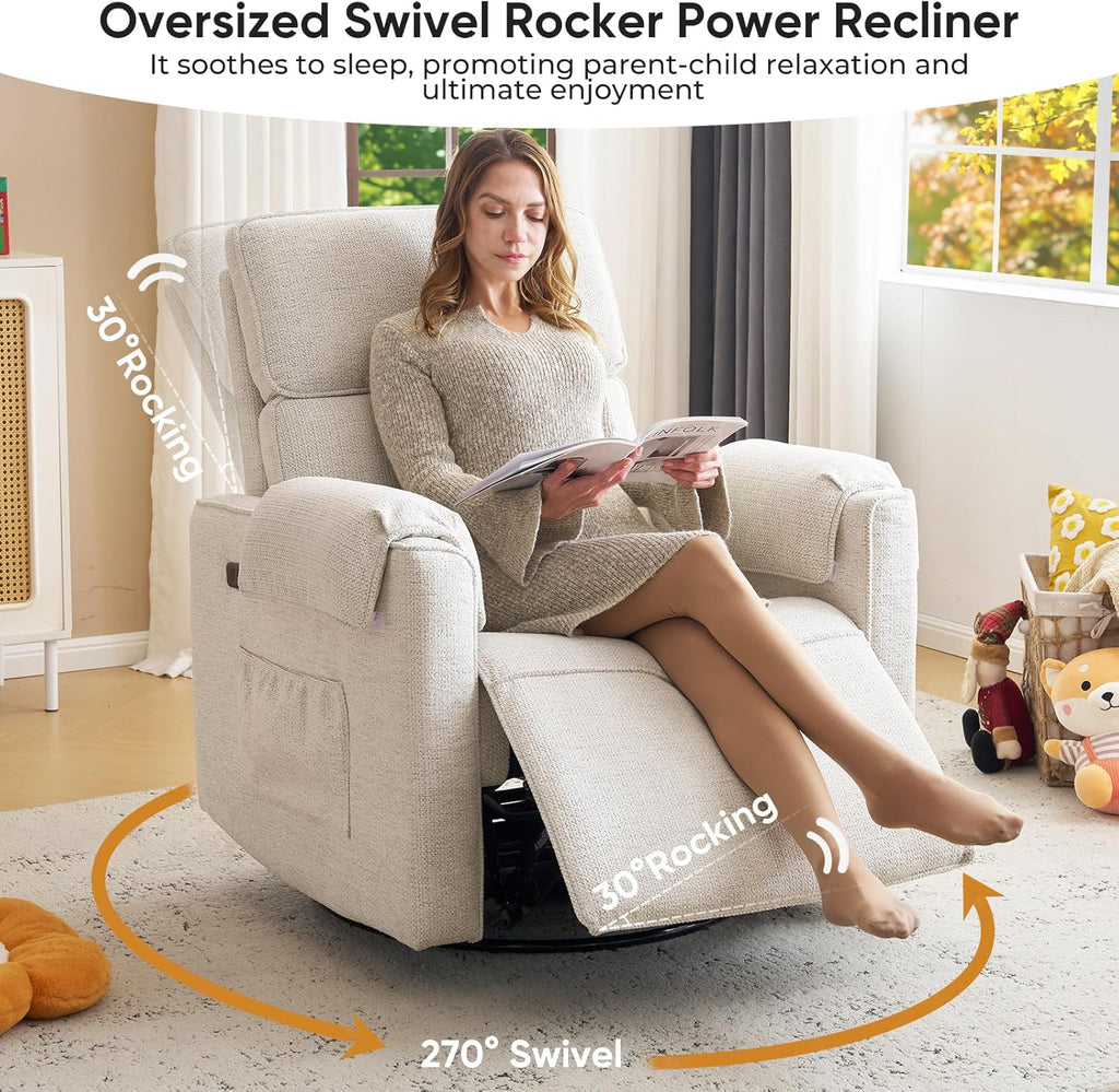 Oversized Power Recliner Chair, 26' Extra Wide Swivel Rocker Recliner with Adjustable Headrest, Chenille Glider Rocking Nursery Chair with Overstuffed Armrest, USB Ports, White