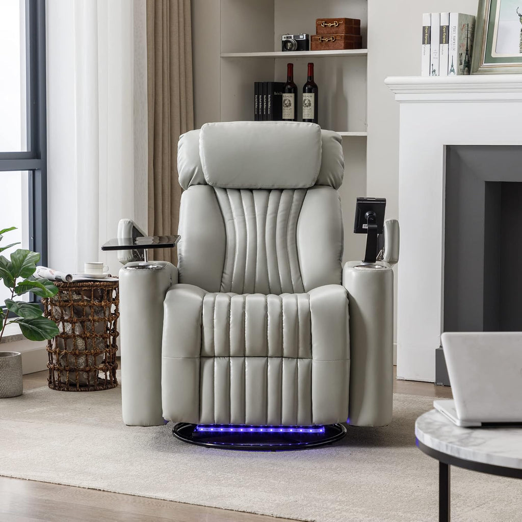 Recliner Chair, 270° Power Swivel Recliner Chair with 360° Swivel Tray Table and Cell Phone Holder, Cup Holder, Home Theater Seating with Hidden Arm Storage, Soft Living Room Chair (Gray/27)