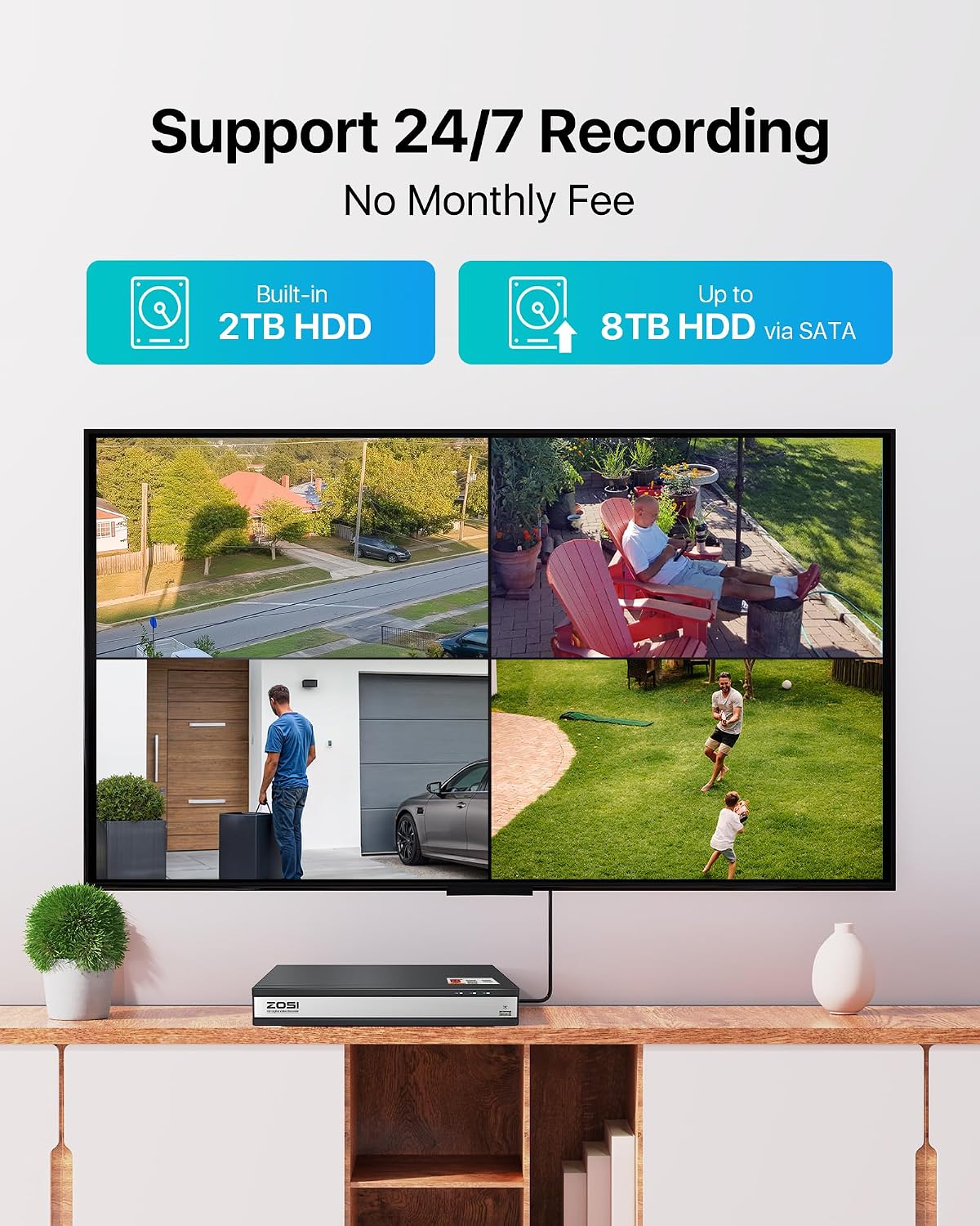 ZOSI 16 Channel 1080P Hybrid 4-in-1(TVI/AHD/CVI/CVBS) CCTV DVR with 2TB Hard Drive, AI Human/Vehicle Detection, H.265+ 16CH Surveillance Digital Video Recorder for 2MP Security Cameras, Remote Access