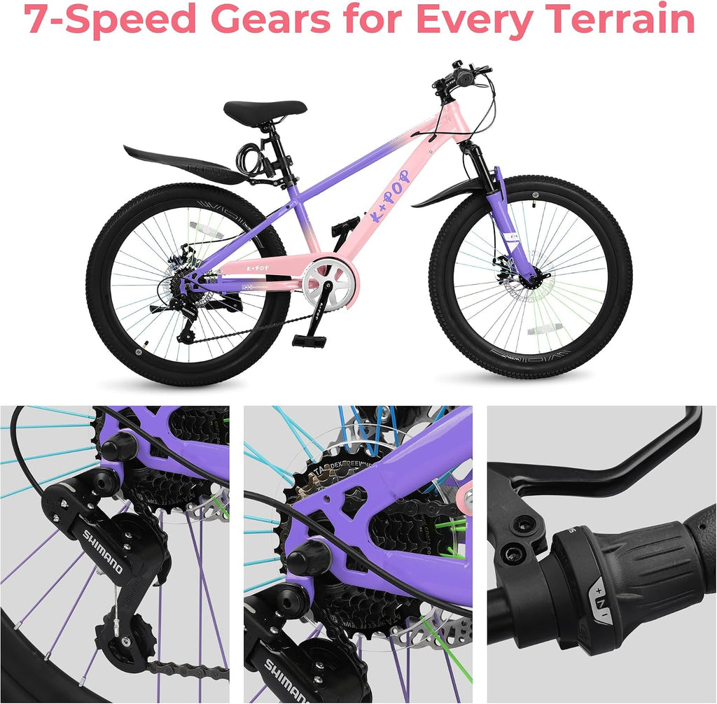 24 Inch Kids Mountain Bike for 7-12 Years Old Boys, Single Speed/7-Speed Girls Mountain Bicycle W/Suspension Fork,Adjustable Seat Height, Kids' Bicycles for Beginner Level Riders