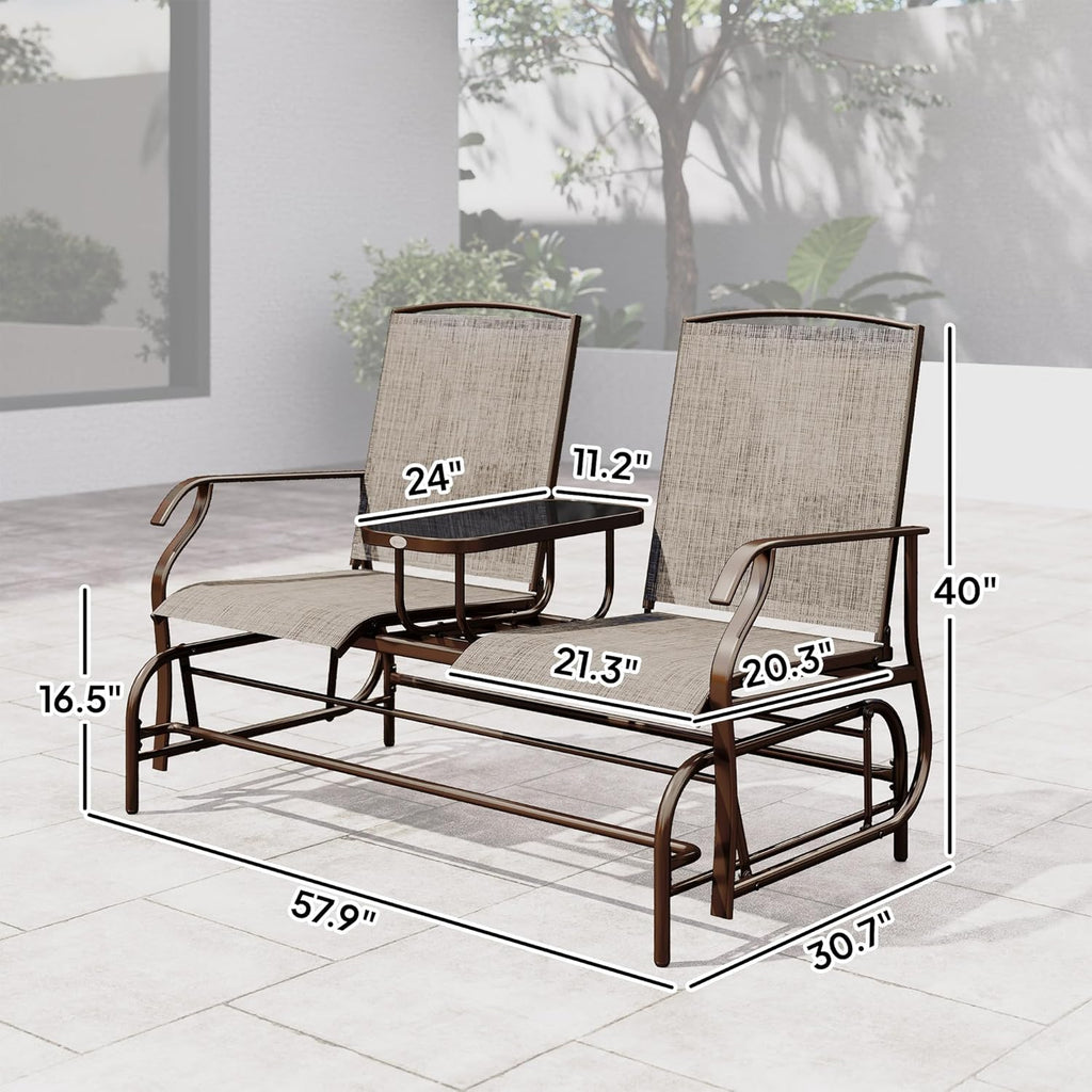Outsunny Outdoor Glider Bench with Center Table, Metal Frame Patio Loveseat with Breathable Mesh Fabric and Armrests for Backyard Garden Porch, Brown