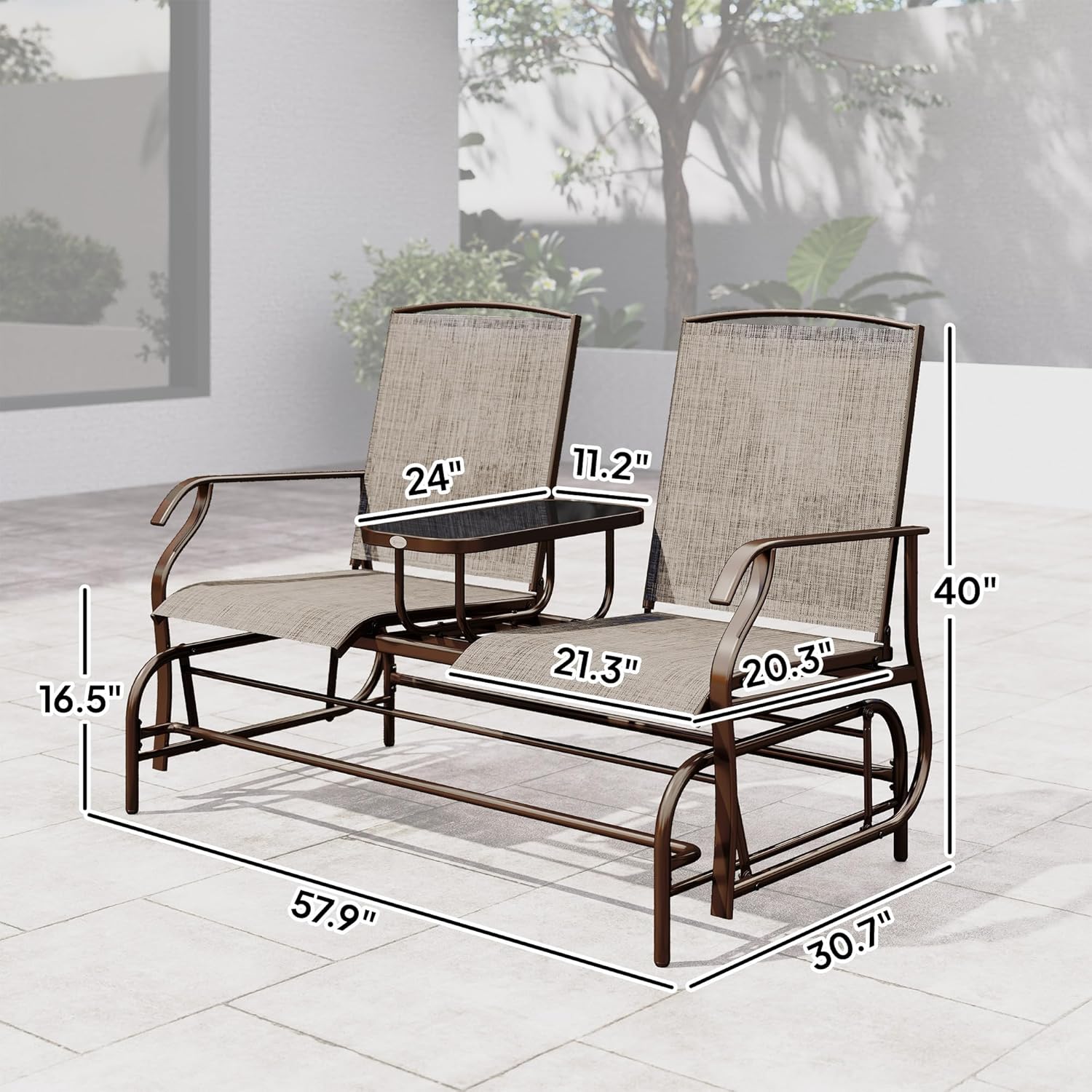 Outsunny Outdoor Glider Bench with Center Table, Metal Frame Patio Loveseat with Breathable Mesh Fabric and Armrests for Backyard Garden Porch, Brown