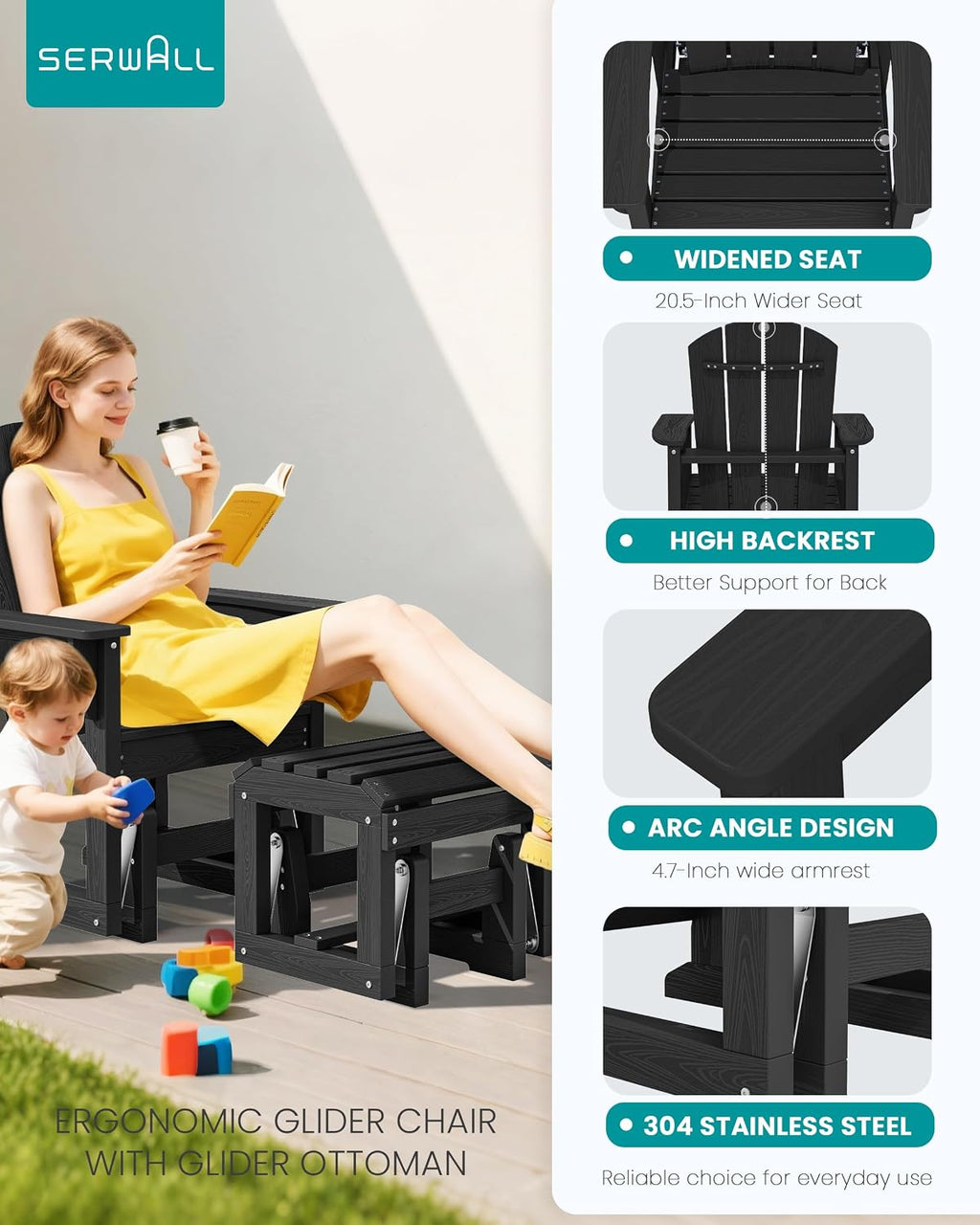 SERWALL Outdoor Glider Chair Set of 4 with Ottoman, HDPE Wood-Like Patio Glider Set All-Weather Porch Glider for Outside, Black