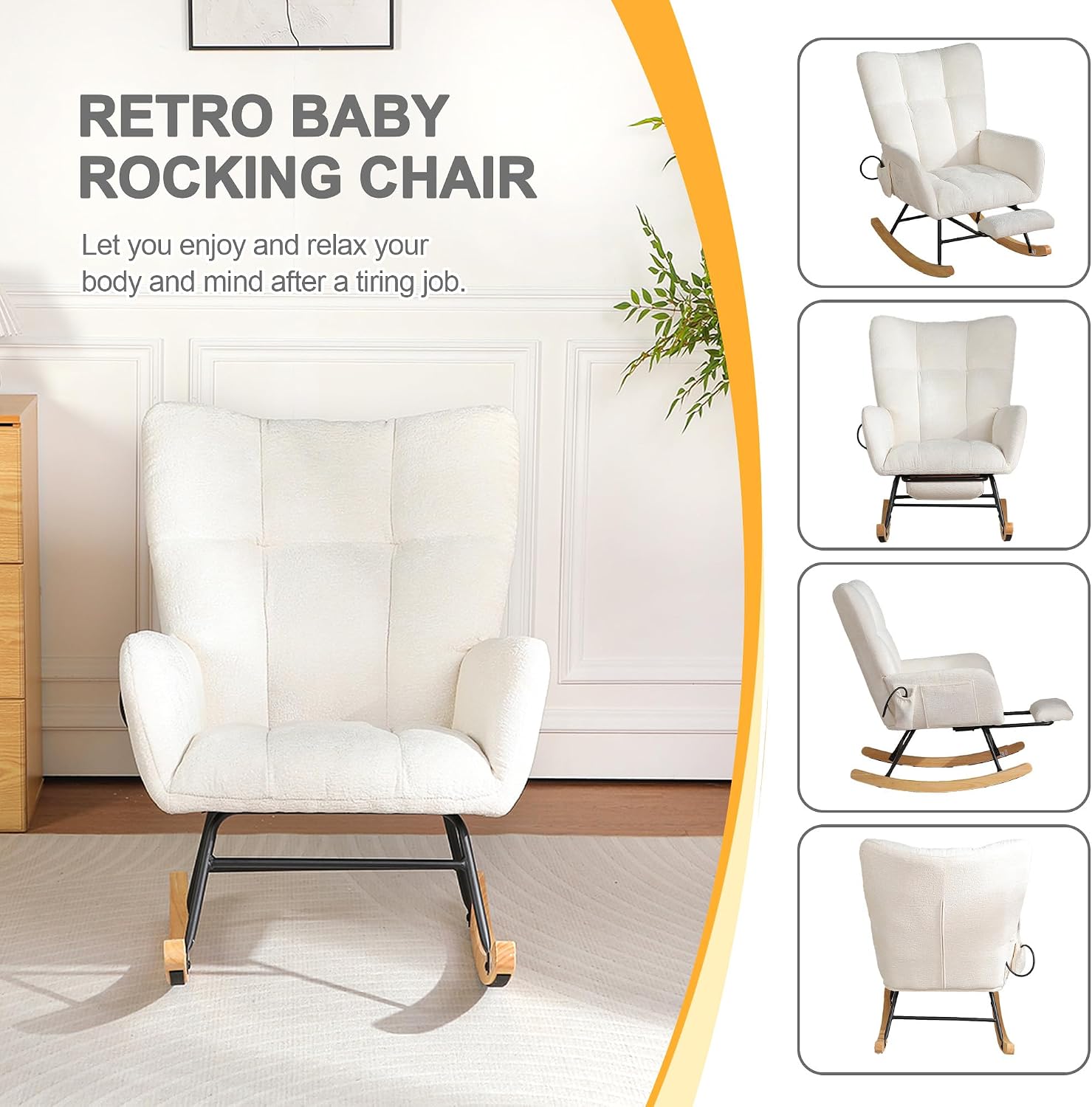 Rocking Chair Nursery with Airbag, Comfy Modern Nursery Rocking Reading Chair indoor, Cozy Upholstered Glider Rocker Chairs for Living Room Bedroom Offices, Sillas Mecedoras(Chenille, White)