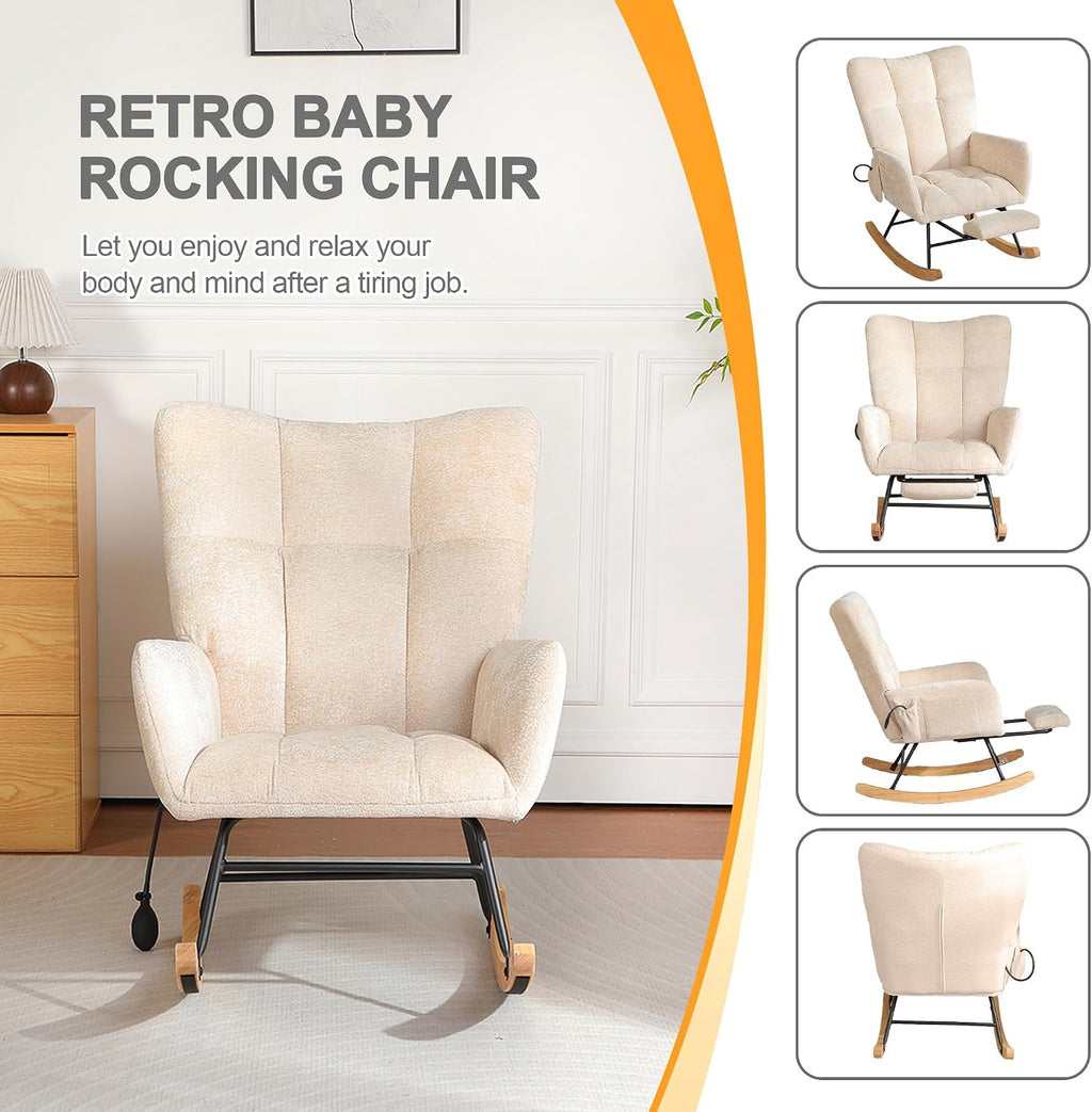 Rocking Chair Nursery with Airbag, Nursery Rocking Reading Chair Indoor, Cozy Upholstered Glider Rocker Chairs for Living Room Bedroom Offices, Sillas Mecedoras(Chenille, Beige)