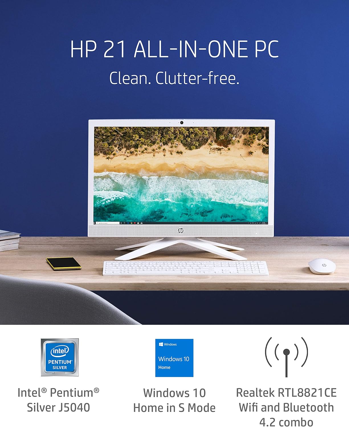 HP 21 All-in-One PC, Intel Pentium Silver J5040 Quad-Core Processor, 4 GB RAM, 128 GB SSD Storage, 20.7-inch Full HD Display, Windows 10 Home with Enhanced Security, Privacy Camera (21-b0020, 2020)
