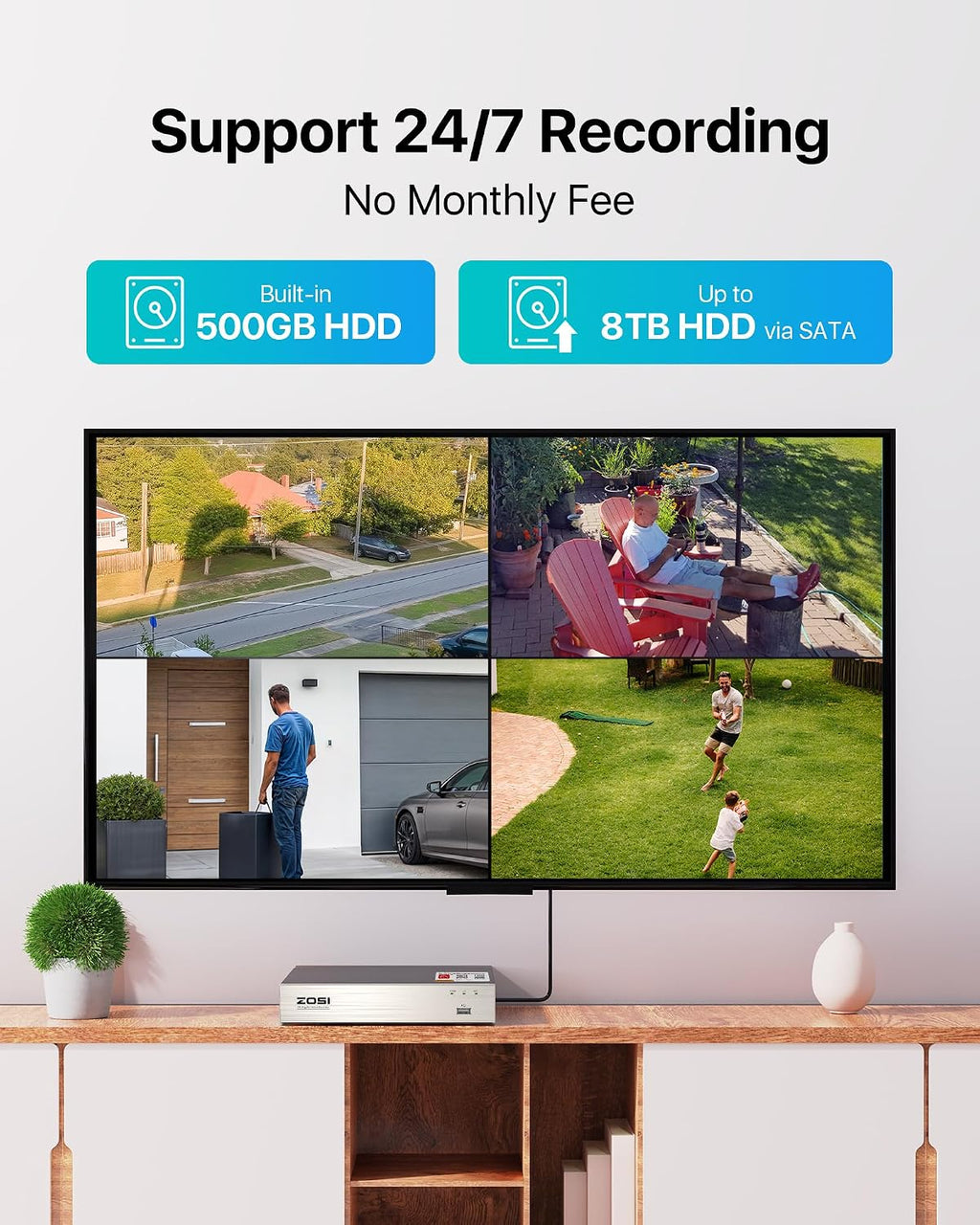 ZOSI 1080P Home Security Camera System with 500GB Hard Drive, Human Vehicle Detection, Night Vision, Remote Access, 3K Lite H.265+ 8Channel Wired DVR and 4 x 2MP HD Indoor Outdoor CCTV Dome Cameras