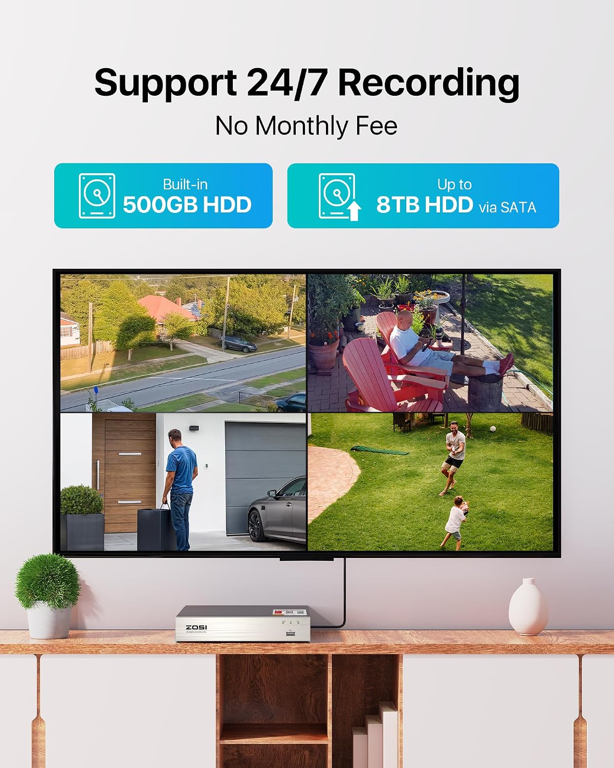ZOSI 1080P Home Security Camera System with 500GB Hard Drive, Human Vehicle Detection, Night Vision, Remote Access, 3K Lite H.265+ 8Channel Wired DVR and 4 x 2MP HD Indoor Outdoor CCTV Dome Cameras