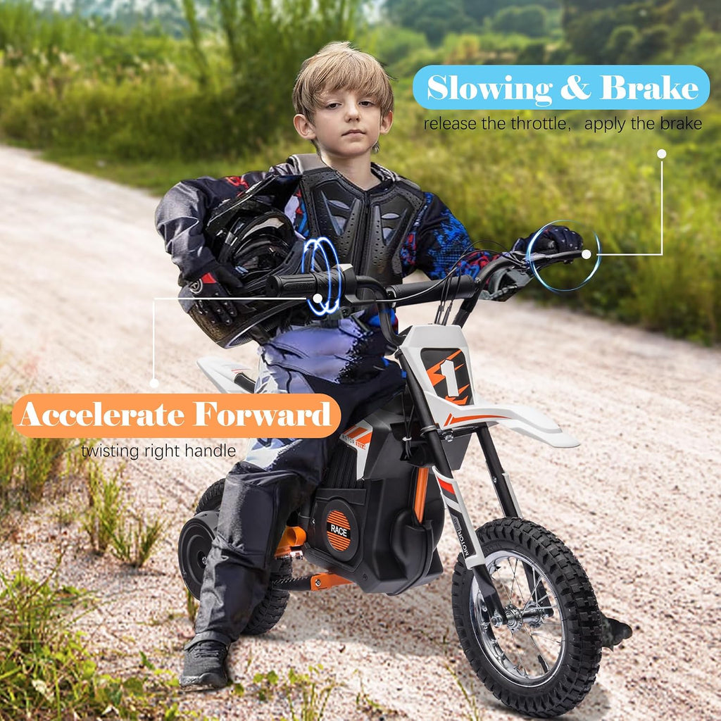 24V Kids Electric Dirt Bike, 250W Strong Motor 14MPH Fast Speed Electric Off-Road Motorcycle, Leather Seat Battery Powered Off-Road Bike, White