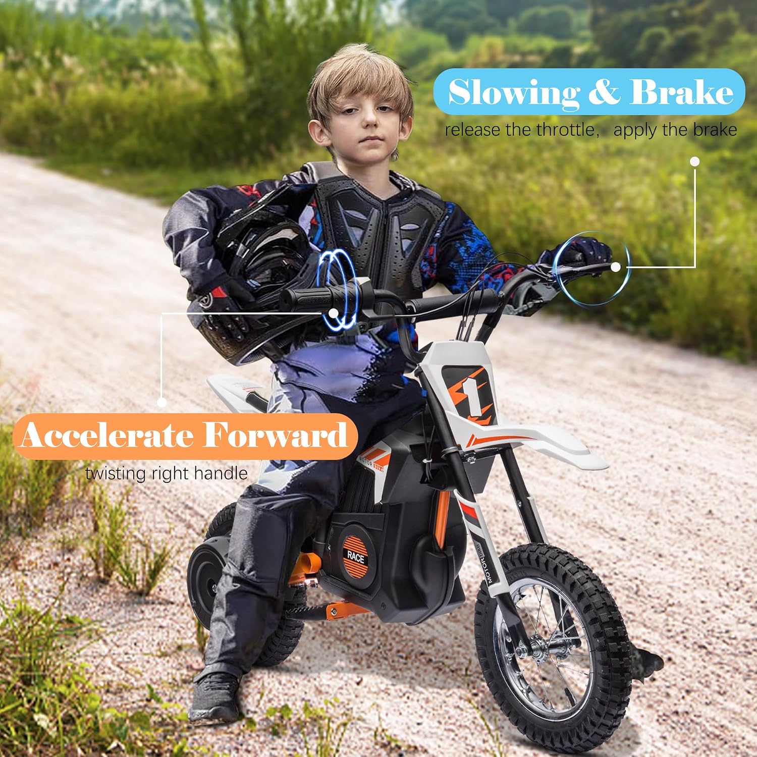 24V Kids Electric Dirt Bike, 250W Strong Motor 14MPH Fast Speed Electric Off-Road Motorcycle, Leather Seat Battery Powered Off-Road Bike, White