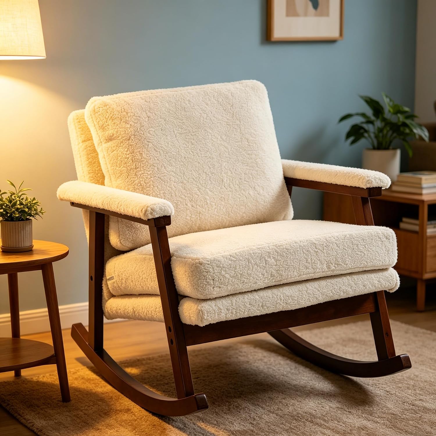 Nursery Rocking Chair Velvet Upholstered Accent Rocker Chair with Backrest Comfy Soft Rocker Glider Solid Rubber Wood Leg for Bedroom Living Room Nursing Room, Antique White