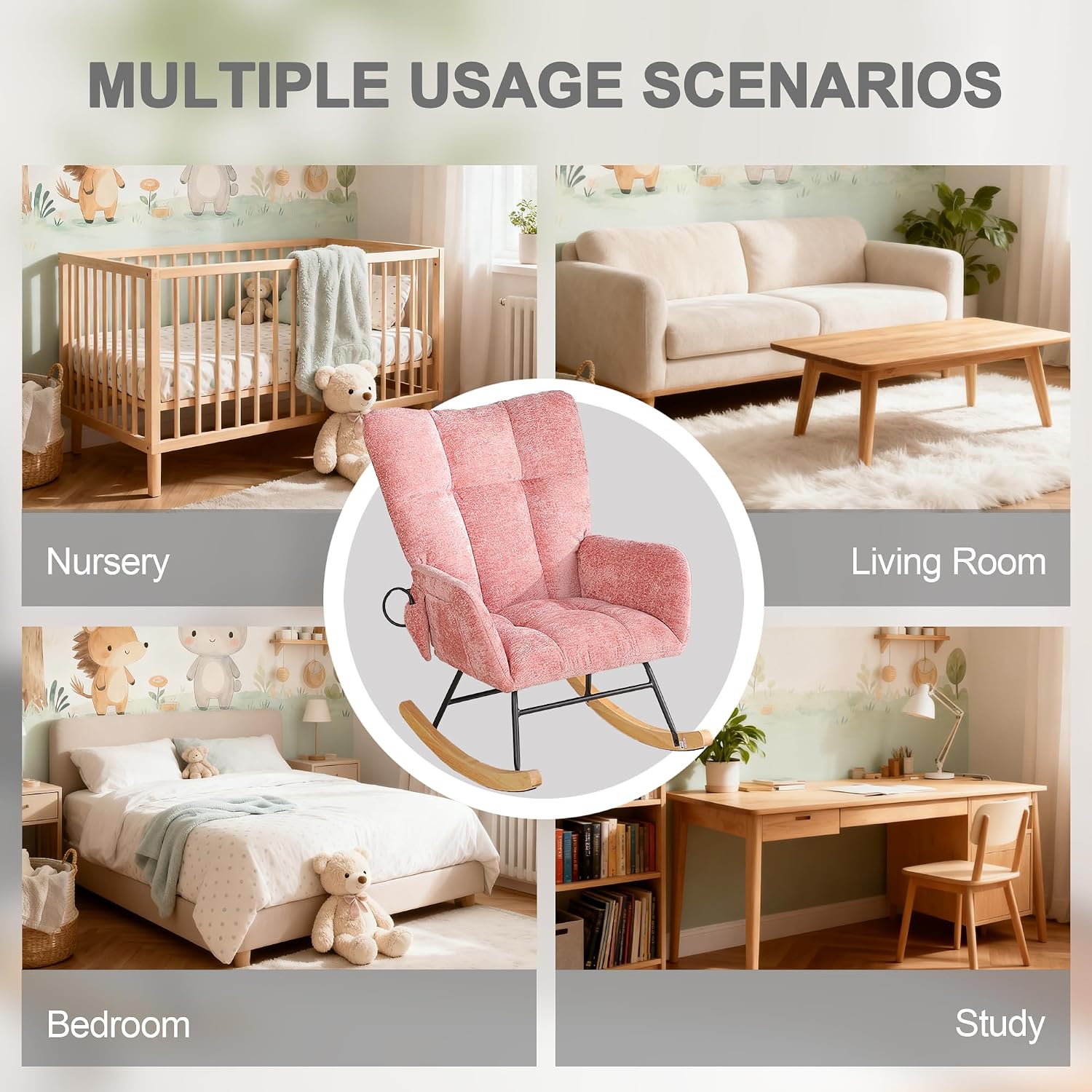 Rocking Chair Nursery, Nursery Rocking Reading Chair Indoor, Cozy Upholstered Glider Rocker Chairs for Living Room Bedroom, Sillas Mecedoras (Chenille, Pink)