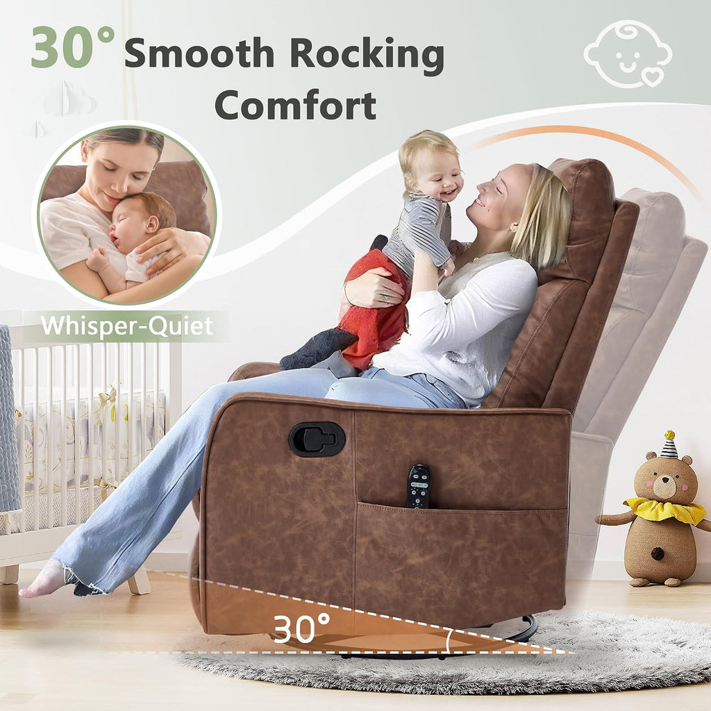 cinkehome Swivel Rocker Recliner, Glider Rocker Recliner Chair for Nursery, Manual Reclining Chair with Heated Massage, Small Spaces, Living Room, Faux Leather Light Brown
