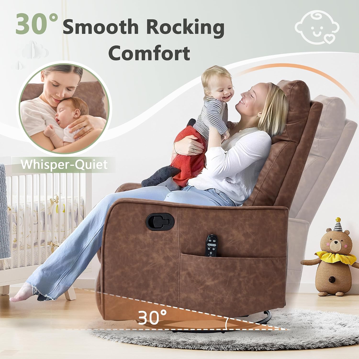 cinkehome Swivel Rocker Recliner, Glider Rocker Recliner Chair for Nursery, Manual Reclining Chair with Heated Massage, Small Spaces, Living Room, Faux Leather Light Brown