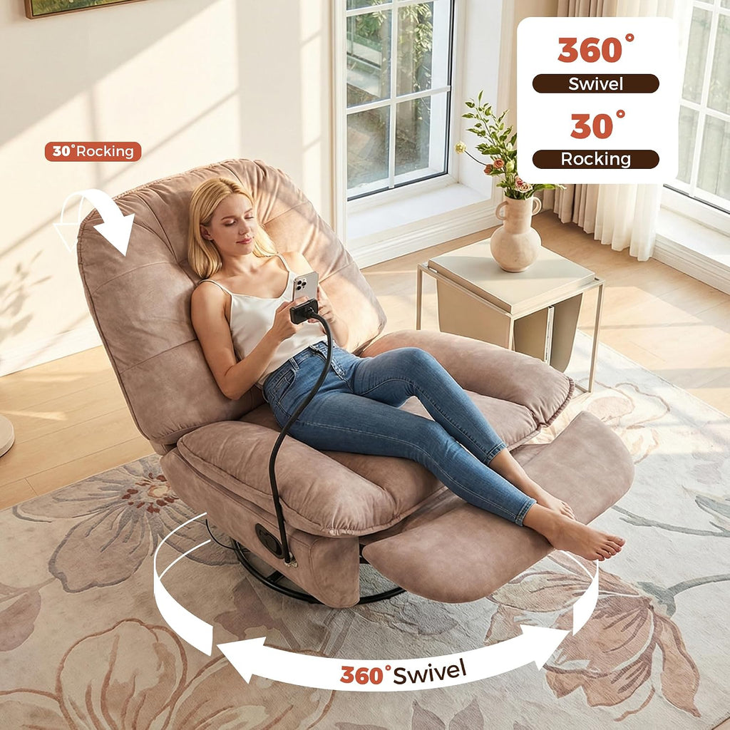 Swivel Rocker Recliner Chair for Adult, Glider Nursery Rocking Chair, Armless Manual Single Recliner Sofa for Living Room, Oversized & Overstuffed, Phone Holder Included, Light Brown Velvet