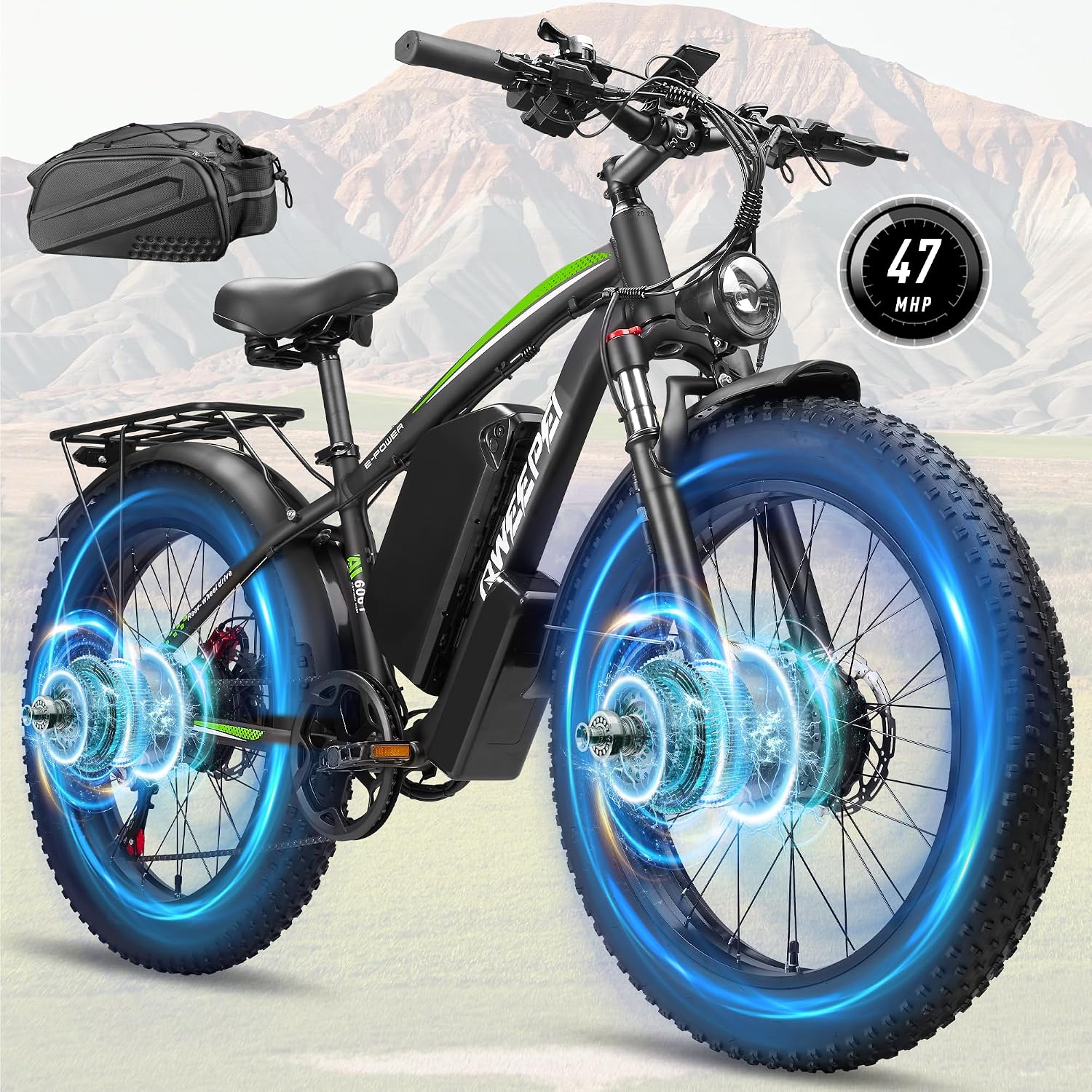 Dual Motor Ebike Peak 9000W - 47MPH Fast Ebike for Adults 58V Max-Output 36AH Battery Electric Bike 105 Miles 7-Speed 24' Fat Tire EBike for Mountain Sand