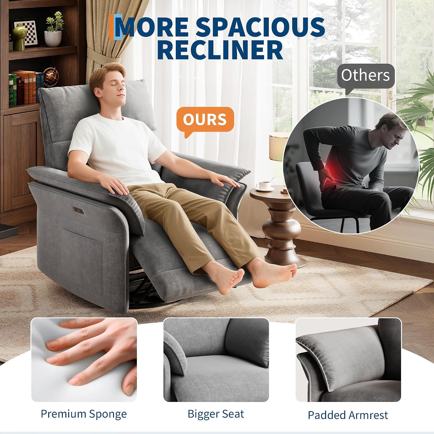 GarveeHome Power Recliner Chair, 270 °Swivel Rocking Glider with USB Charging Port, Chenille Upholstered Fabric and Double-Layer Armrests, Nursery Chair for Living Room, Nursery (Gray)