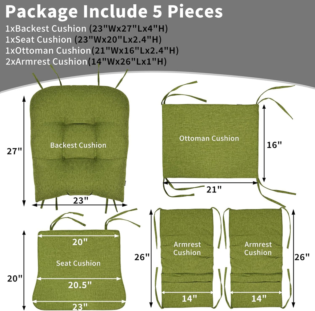 BUYUE Glider Rocker Replacement Cushion 5 PCS with Ties, Linen High-Density Foam Non-Slip & Washable Rocking Chair Pads for Sitting, Grass Green