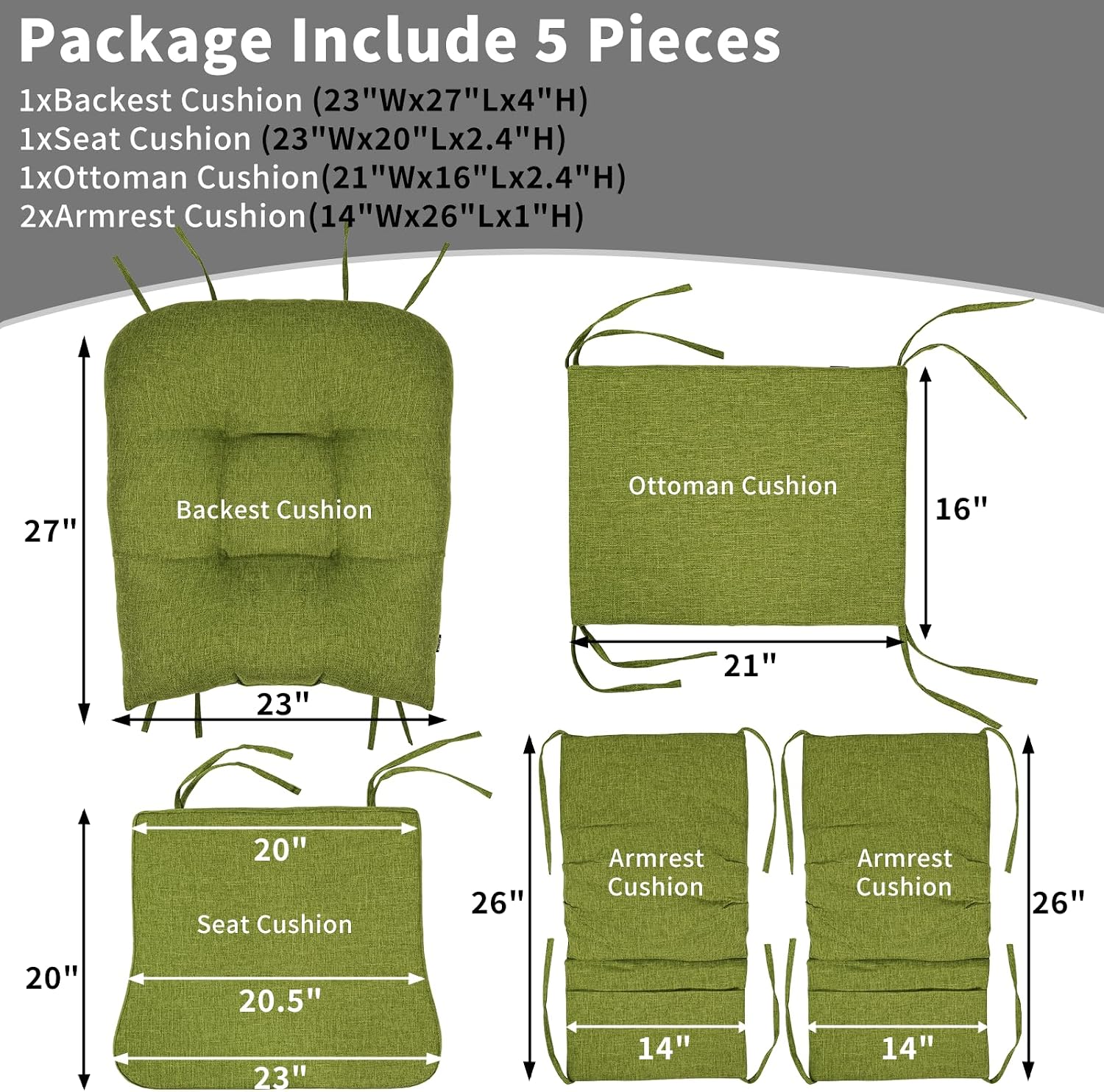 BUYUE Glider Rocker Replacement Cushion 5 PCS with Ties, Linen High-Density Foam Non-Slip & Washable Rocking Chair Pads for Sitting, Grass Green