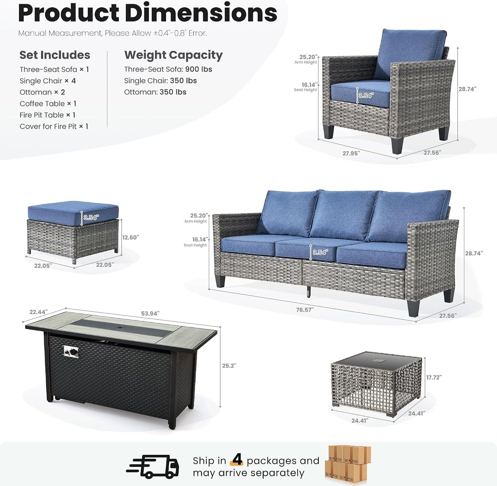 ovios 9 Pieces Patio Furniture Set with 54' Fire Pit Table, Outdoor Sofa Couch with Solar Lights Table Comfy Cushions, Modern Deep Seat Wicker Rattan Conversation Set, Denim Blue