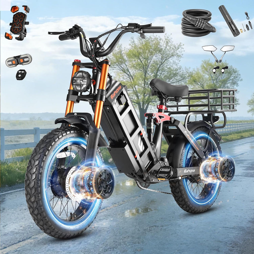 eAhora Juliet Pro 2/Juliet Electric Bike for Adults 5400W/1200W Dual Motor Electric Bicycle 43MPH 60V 70Ah 220+Miles Long Range 20' Fat Tire Full Suspension Mountain E-Bike with APP Control