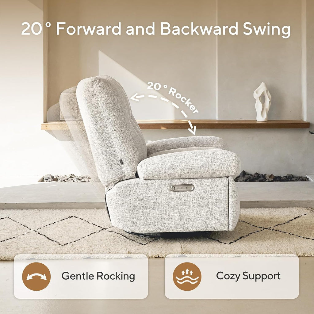 Nouhaus Swivel Rocking Chair Nursery, Oversized Glider Rocker Recliner Chairs w/Footrest, USB & Type-C Ports, Rocking Recliner Chair for Nursery, Living Room (Snooze Classic, Linen White)