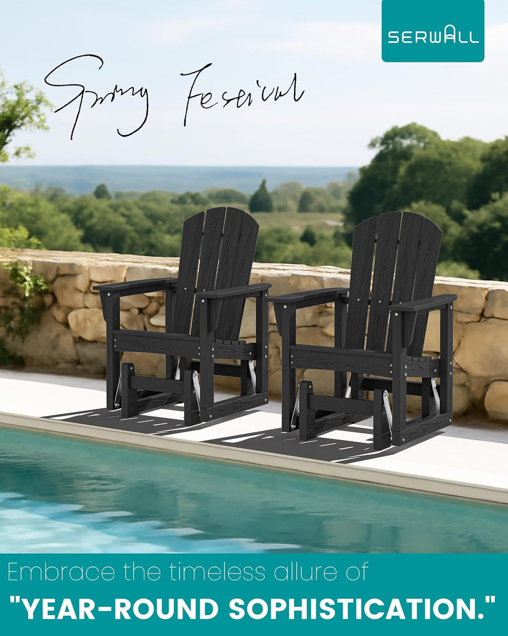 SERWALL Outdoor Glider Chair, HDPE Patio Glider Rocker All-Weather Porch Glider for Outside, Black