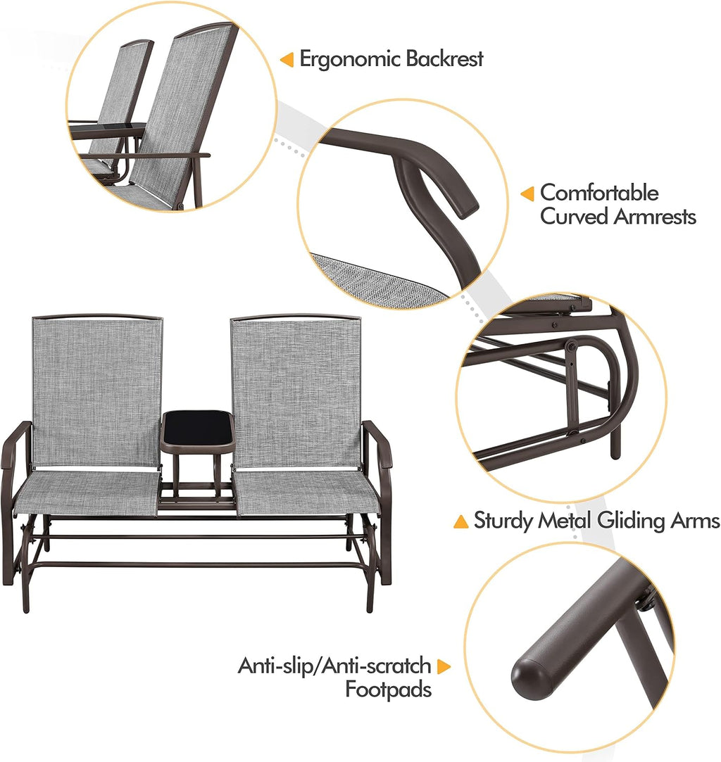 Yaheetech 2-Seat Outdoor Glider with Center Table, Patio Rocking Loveseat with Breathable Mesh Sturdy Metal Frame for Garden Pool Lawn, Gray