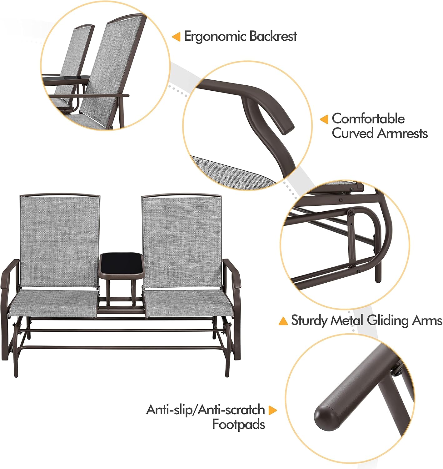Yaheetech 2-Seat Outdoor Glider with Center Table, Patio Rocking Loveseat with Breathable Mesh Sturdy Metal Frame for Garden Pool Lawn, Gray