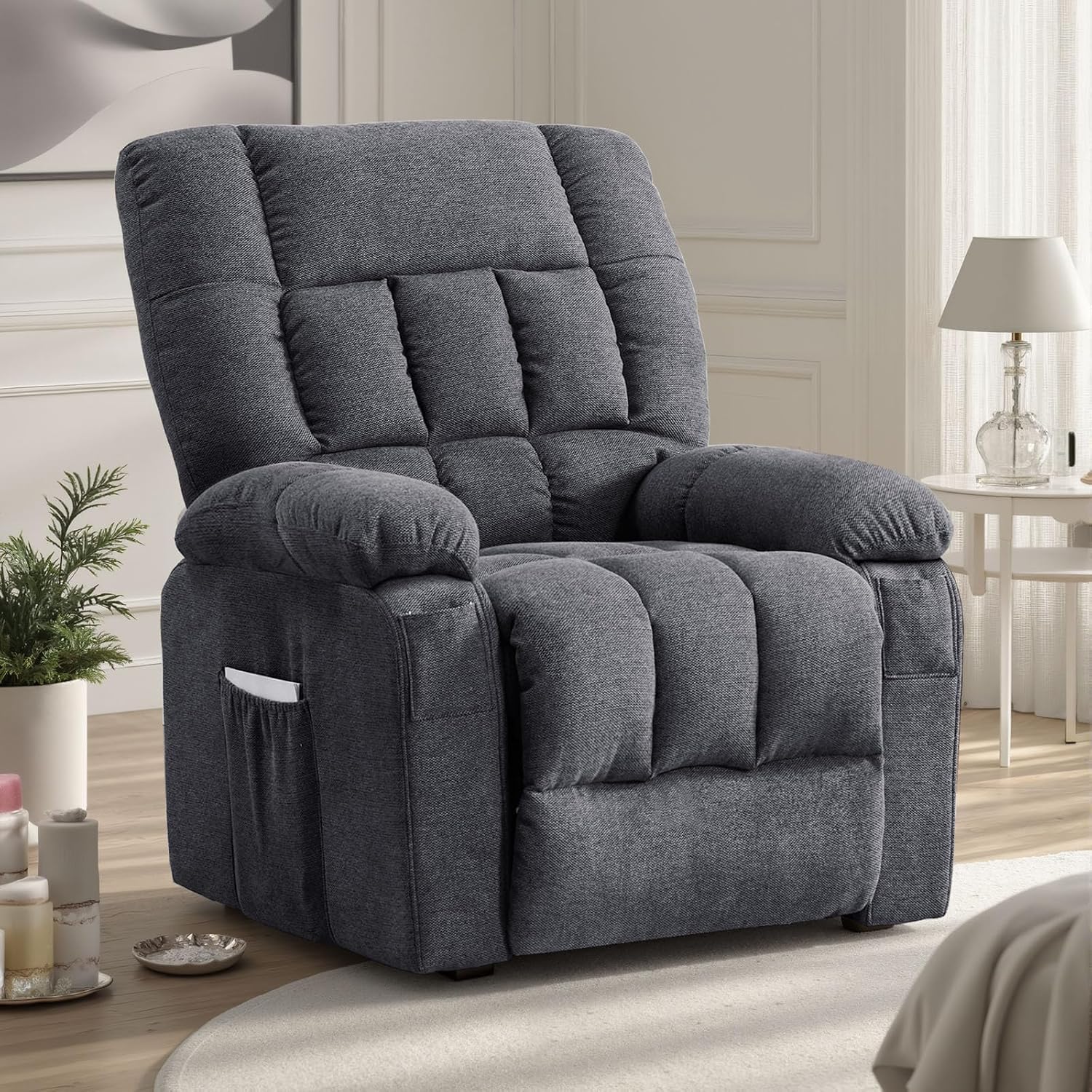 Sweetcrispy Power Lift Recliner Chair with Vibration Massage and Heat for Elderly, Ergonomic Overstuffed Breathable Fabric Reclining Chair with 3 Pockets, Remote Control, Living Room, Light Brown
