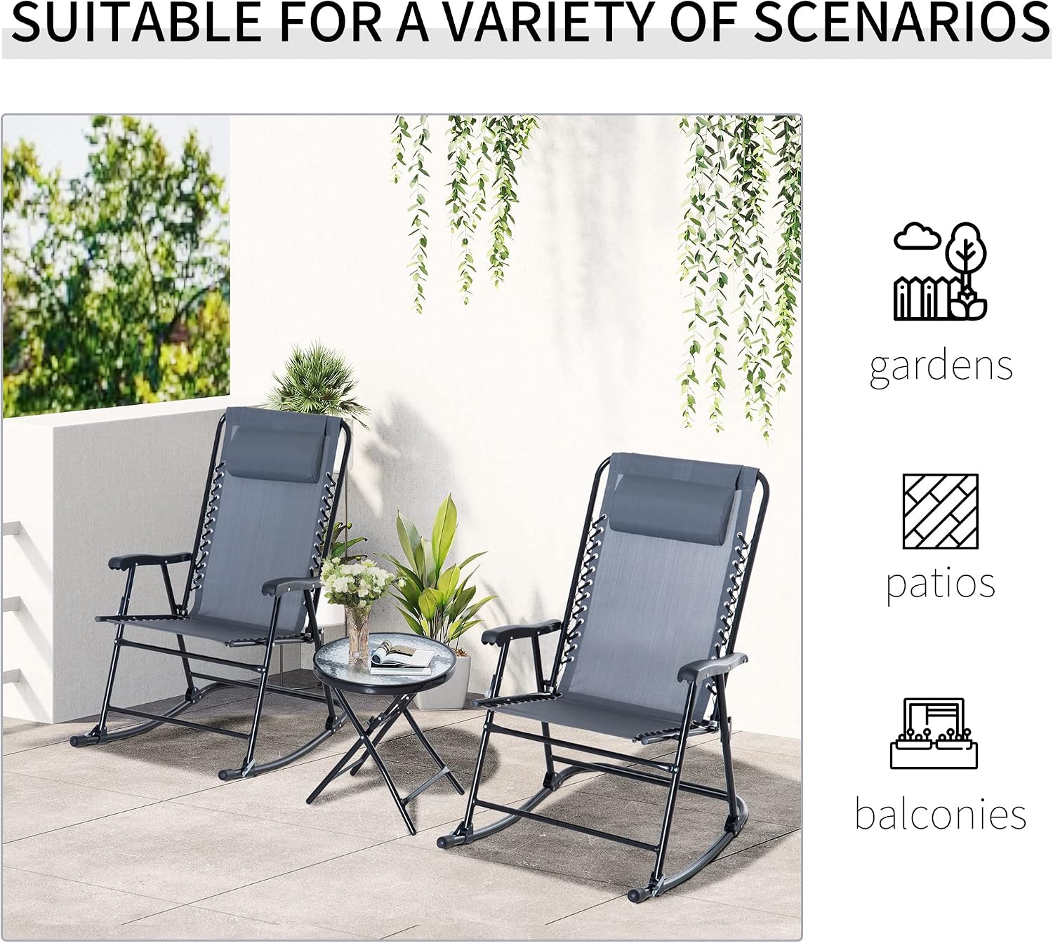 Outsunny 3 Piece Outdoor Rocking Bistro Set, Patio Folding Chair Table Set with Glass Coffee Table for Yard, Patio, Deck, Backyard, Grey