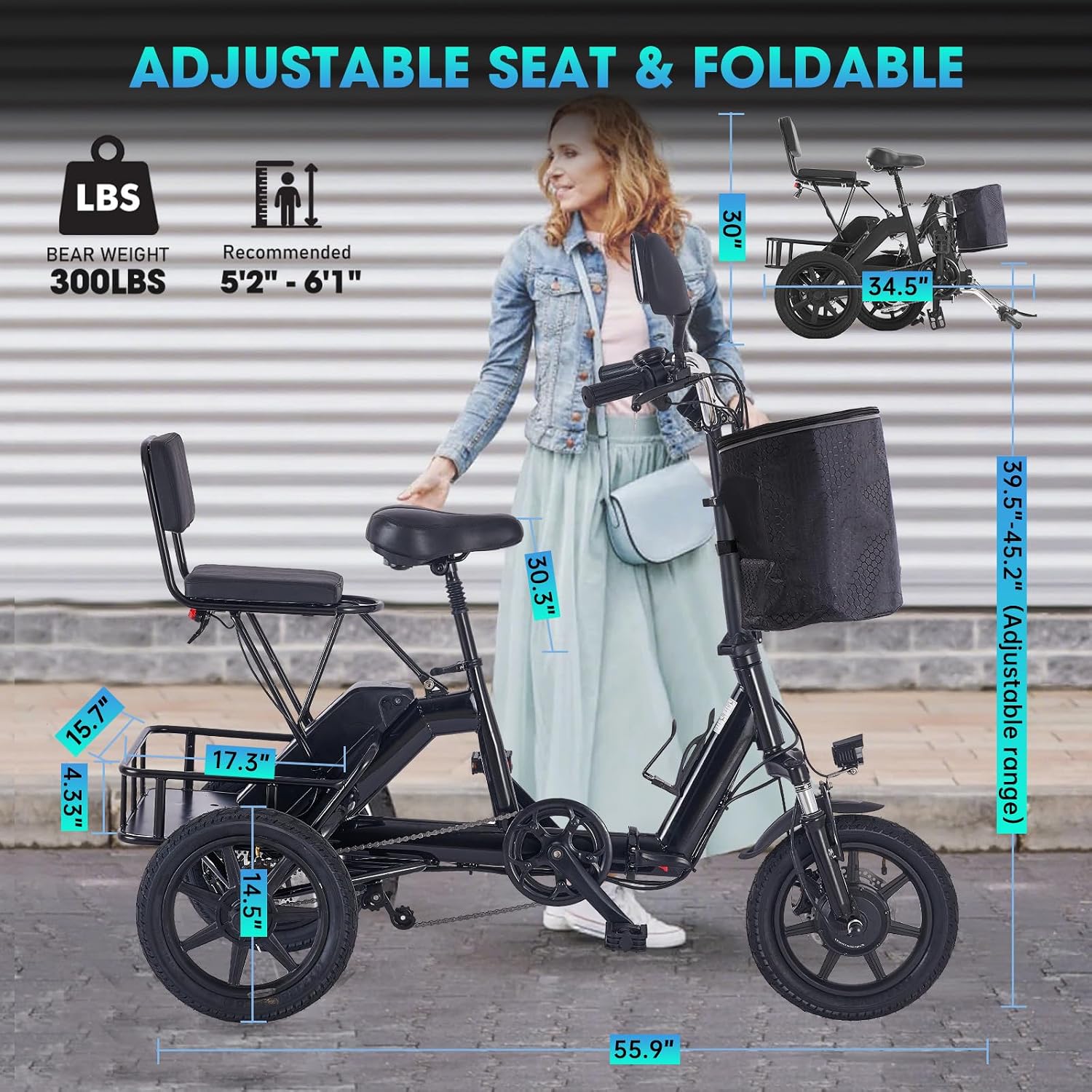 E Trike Electric Bike, 350W(Peak 500W) Brushless Motor Folding Trike, 2 Seats Ebike, 480Wh Removable Battery, Step-Thru 3 Wheel Electric Bicycle, Up to 45 Miles, Tricycle for Adults Parents