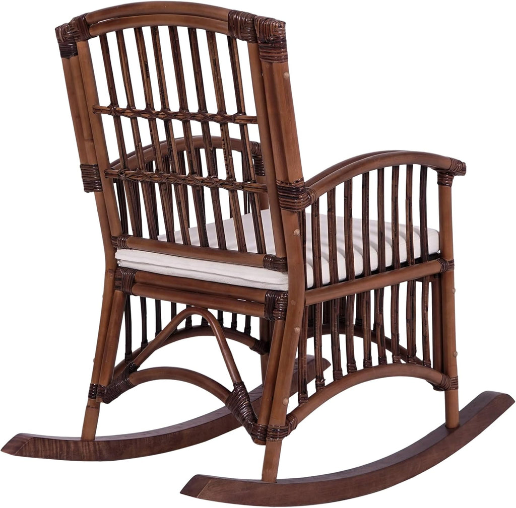 JONATHAN Y RCK200A Swayze Bohemian Farmhouse Woven Rattan/Wood Rocking Chair White Cushion with Brown Frame for Home, Living Room, Bedroom. Guestroom, Foyer, Library