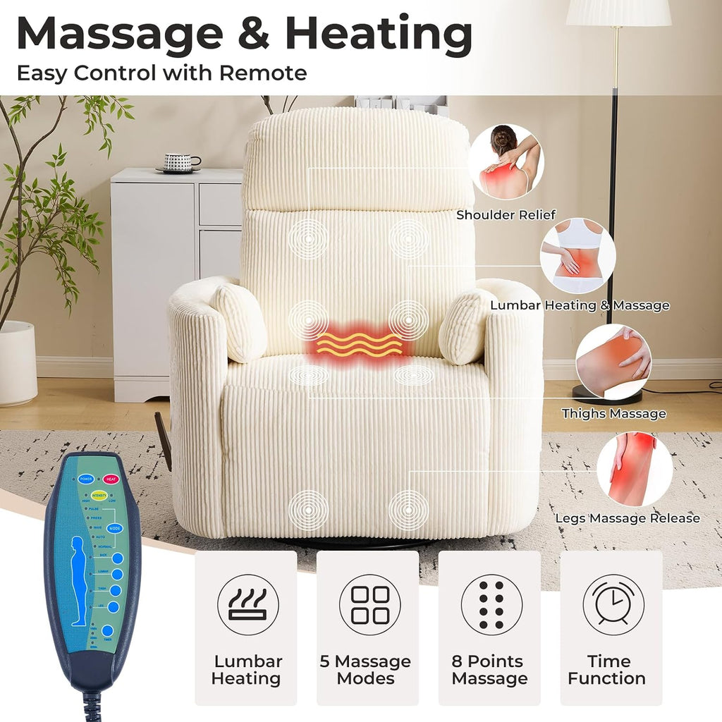 Oversized Swivel Rocker Recliner Chair with Massage and Heat, Manual Swivel Glider Rocker Recliner with 2 Pillows, Rocking Nursery Chair with Storage Ottoman, Adjustable Headrest,Corduroy Beige