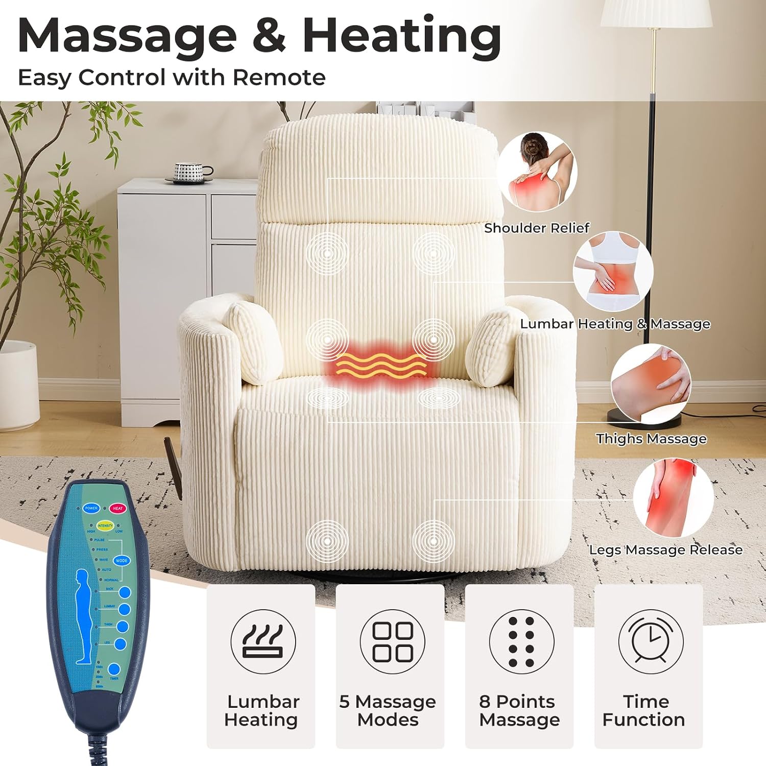Oversized Swivel Rocker Recliner Chair with Massage and Heat, Manual Swivel Glider Rocker Recliner with 2 Pillows, Rocking Nursery Chair with Storage Ottoman, Adjustable Headrest,Corduroy Beige