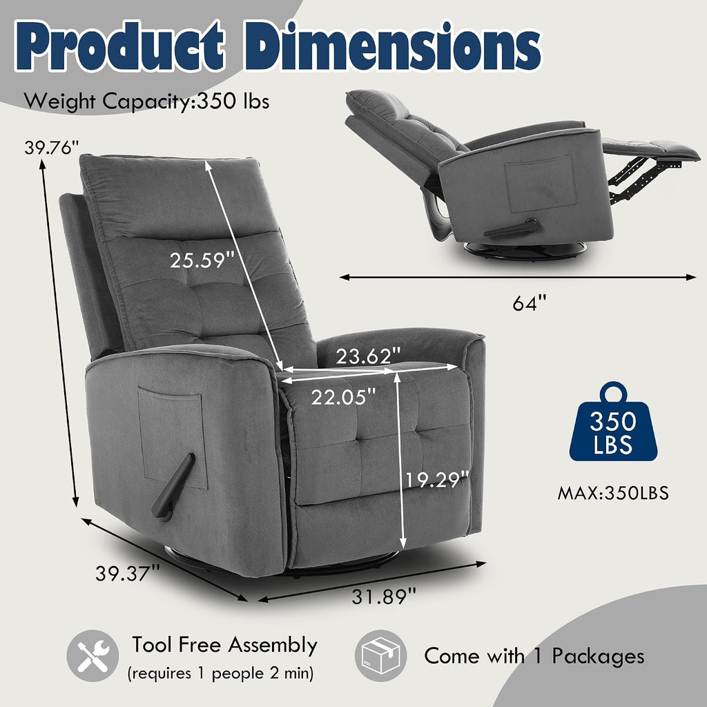 Manual Rocker Recliner Chair Nursery Glider Chair for Adult with High Back&Deep Seat Swivel Rocking Recliner Chair for Living Room Bedroom RV Nursing Grey