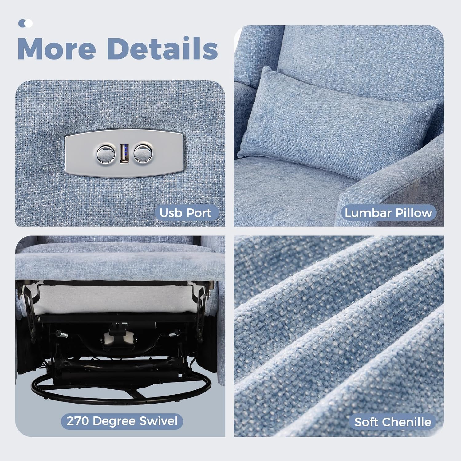Power Glider Recliner Nursery Chair w/USB Ports, Soft Chenille Glider Rocking Chair for Nursery, Swivel Glider Chair with Lumbar Pillow for Living Room, 2PCS, Blue