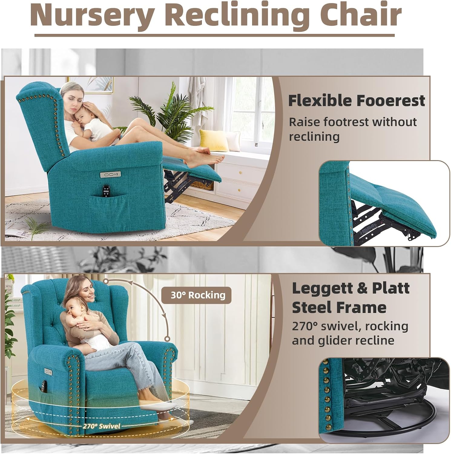Power Swivel Rocking Glider Recliner Chair with Massage and Heat, Electric Nursery Glider Rocker for Living Room, Wingback Tufted Upholstered Recliner Chair with Type-C & USB Ports, Teal