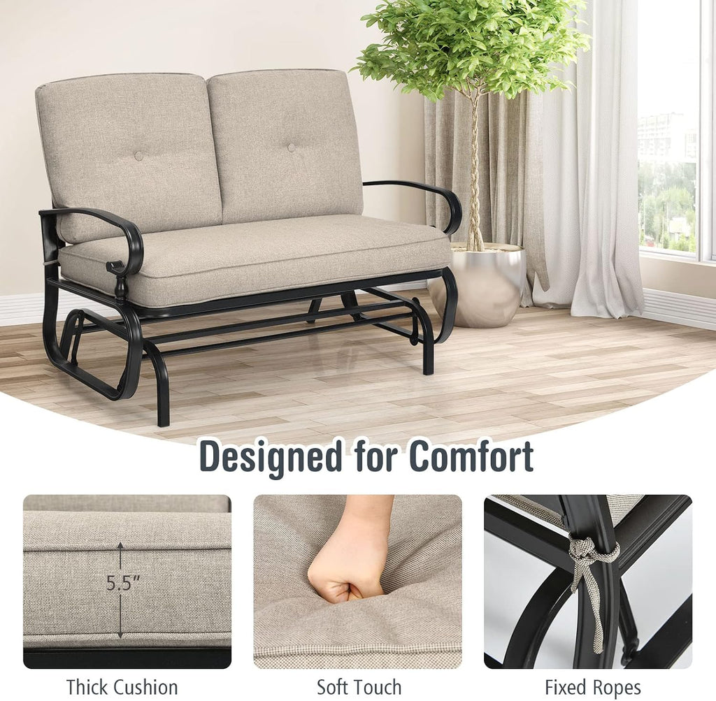 Giantex Outdoor Glider Bench, Patio Loveseat with Cushions, 440 Lbs Capacity, 2-Person Outdoor Rocking Chair, Porch Glider Swing for Garden, Backyard, Poolside, Patio Seating Rocker (Beige)