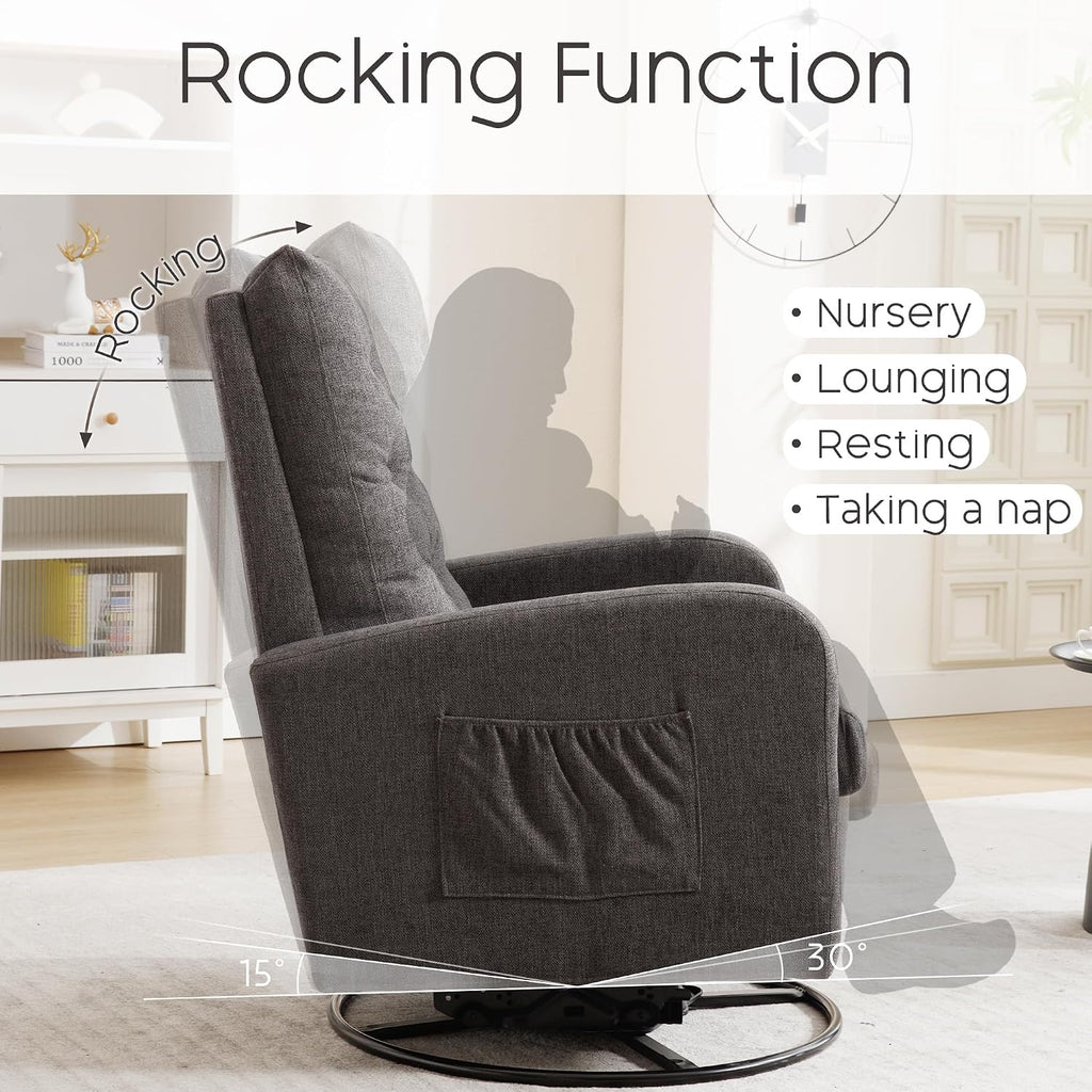 360° Swivel Rocking Chair Nursery - White Glider Modern Accent Chairs Teddy Rocker Padded Armchair for Indoor Living Room Bedroom Maternity Breastfeeding Chair for Adults（Dark Grey）
