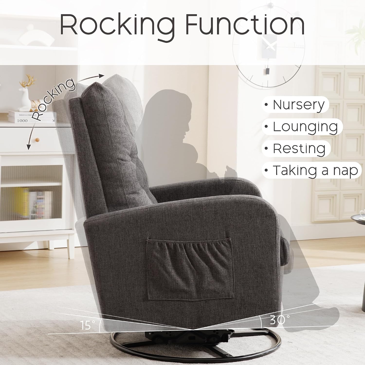 360° Swivel Rocking Chair Nursery - White Glider Modern Accent Chairs Teddy Rocker Padded Armchair for Indoor Living Room Bedroom Maternity Breastfeeding Chair for Adults（Dark Grey）