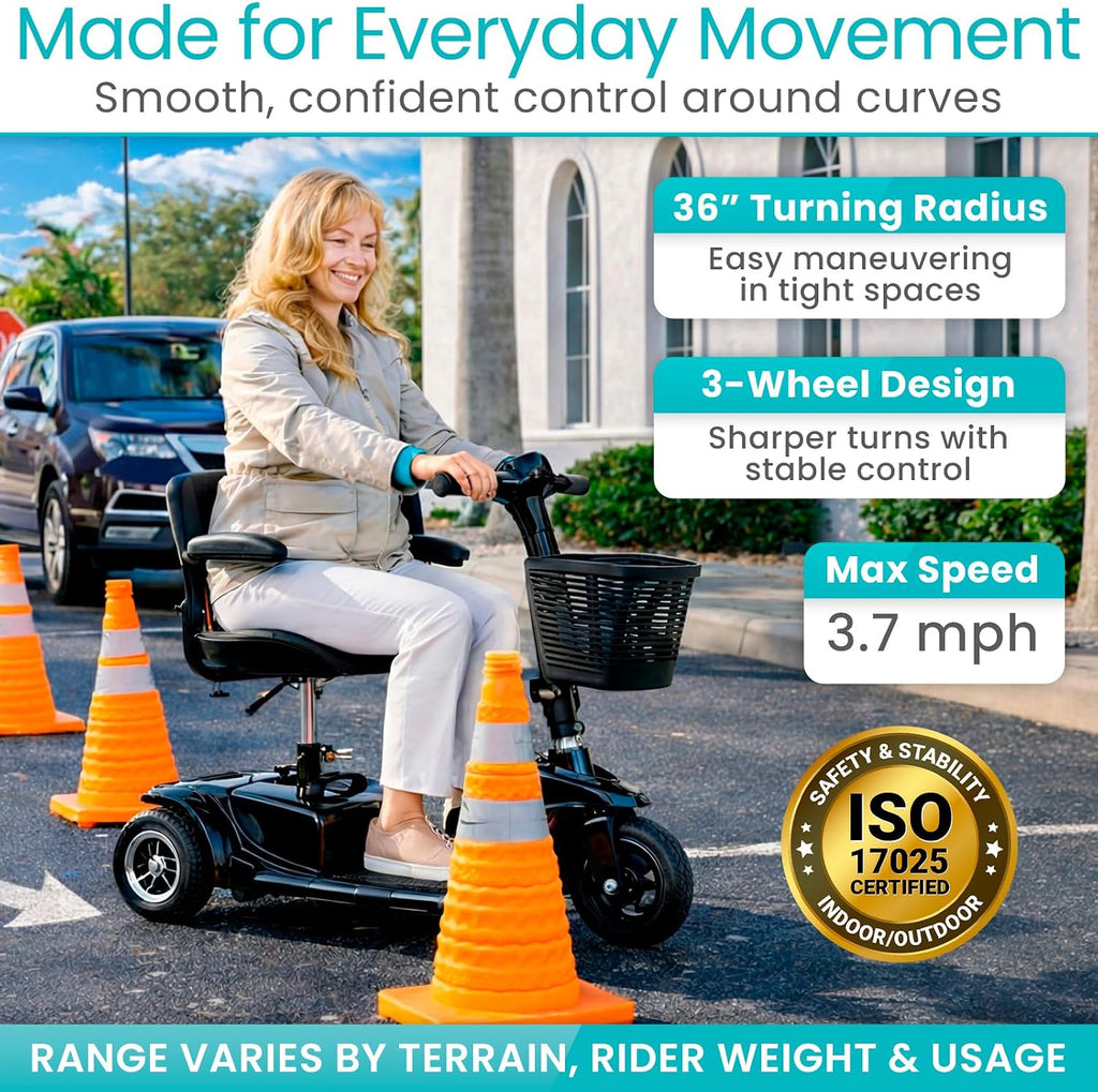 Vive 3 Wheel Mobility Scooter - Electric Powered Mobile Wheelchair Device for Adults - Folding, Collapsible and Compact for Travel - Long Range Power Extended Battery with Charger and Basket Included