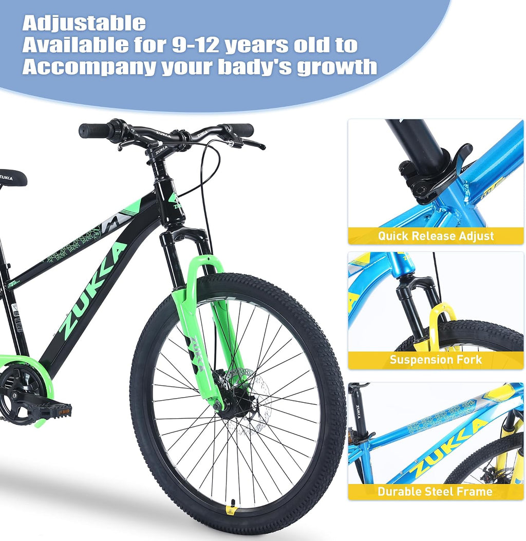 Kids Mountain Bike, 20 24 Inch Kids Bike for Boys Girls Age 7-12 Years, High Carbon Steel Bicycle, Suspension Fork, Dual Disc Brakes, Single Speed, Multiple Colors