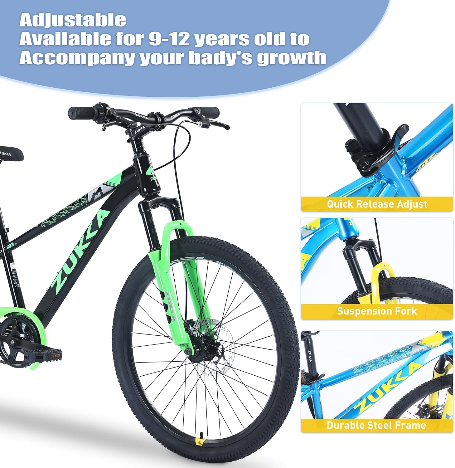Kids Mountain Bike, 20 24 Inch Kids Bike for Boys Girls Age 7-12 Years, High Carbon Steel Bicycle, Suspension Fork, Dual Disc Brakes, Single Speed, Multiple Colors