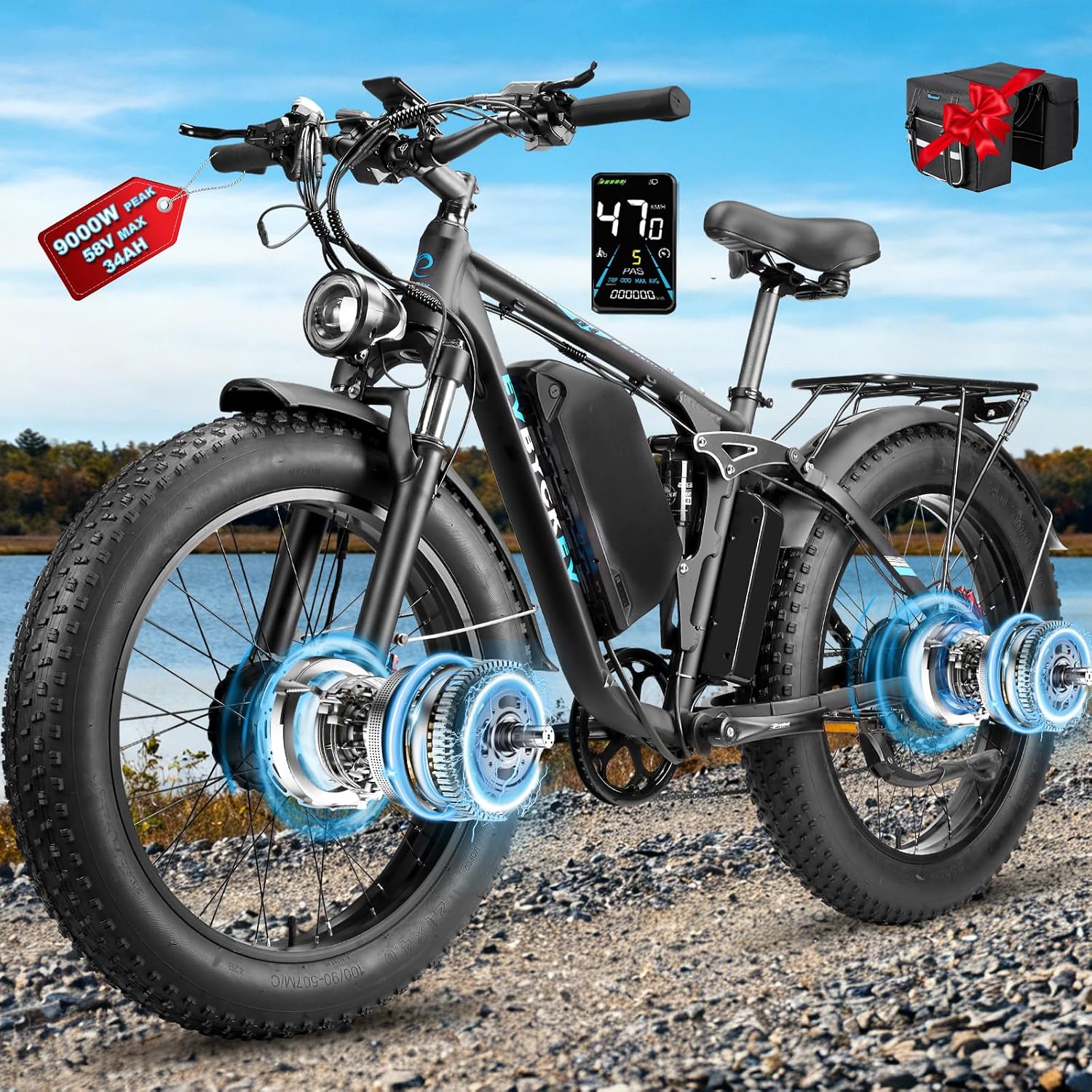 9000W Peak Adults Ebike,52V 34Ah Dual Motor Electric Bike,Up to105 Miles Range 47MPH Top Speed Fast Ebike,Full Suspension 24Inches Fat Tires Mountain E Bicycle for Sand Beach Snow Off-Road Hunting
