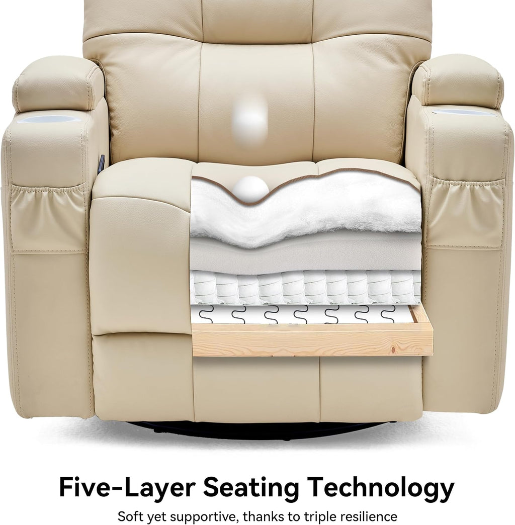 AIRSKY Leather Recliner Chair, Swivel Rocker Recliner Chair, Rocking Chair Nursery, Glider Rocking Chair with Thick Cushion, Oversize Glider Rocking Chair, Nursery Chair with High Back, Beige,R2